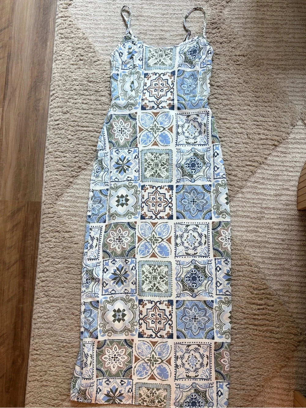 Abercrombie Tile-Print Blue & Green Spaghetti-Strap Midi Dress